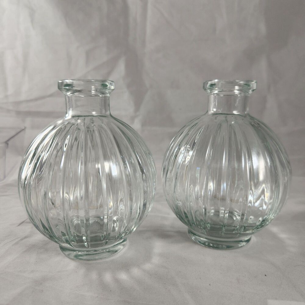 Set of 2 Vintage French Ribbed Heavy Glass Bistro Carafes 0.375L Vases